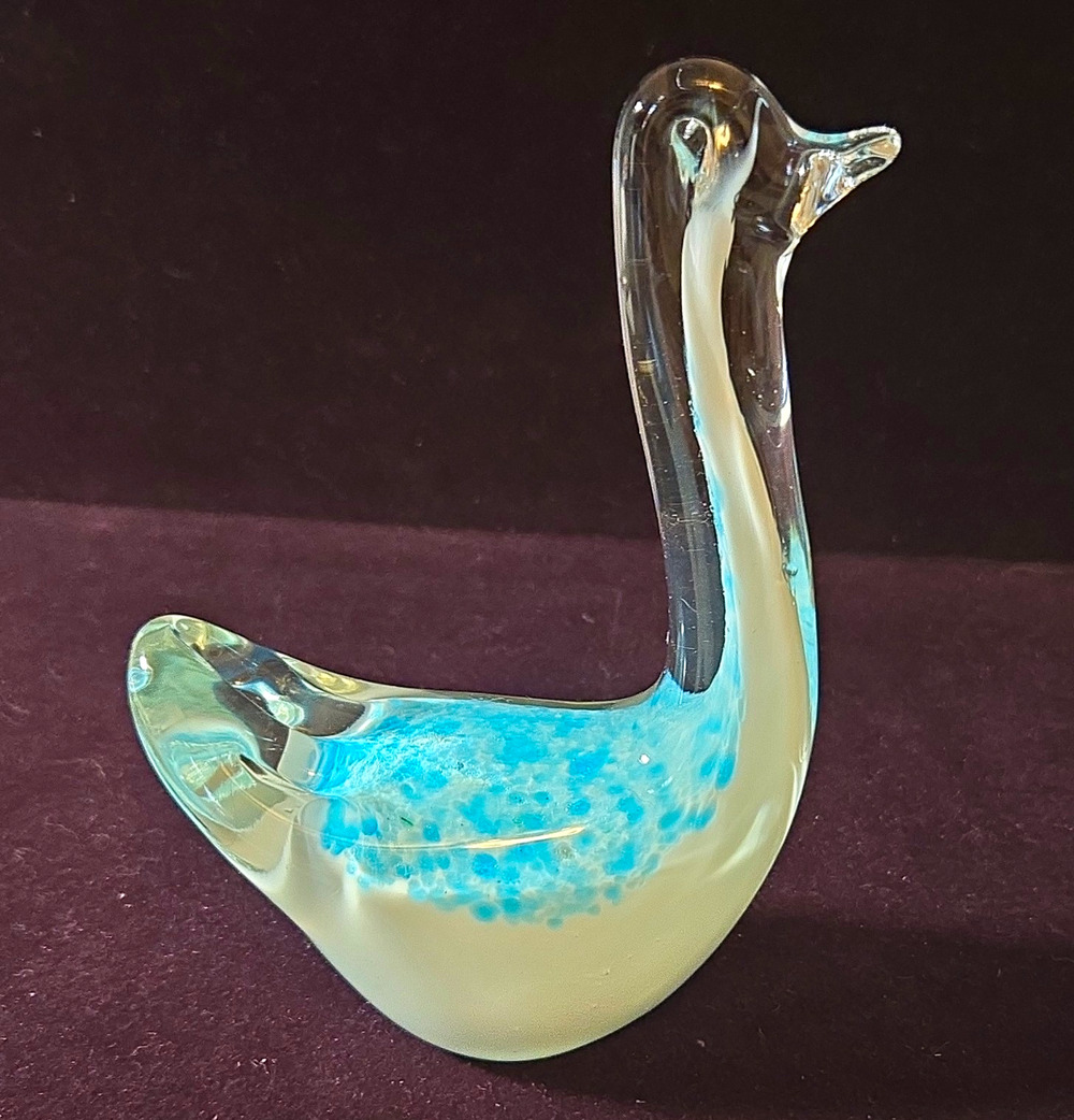 VTG Murano Style Hand Blown Glass Swan Figurine Blue White Speckled Paperweight